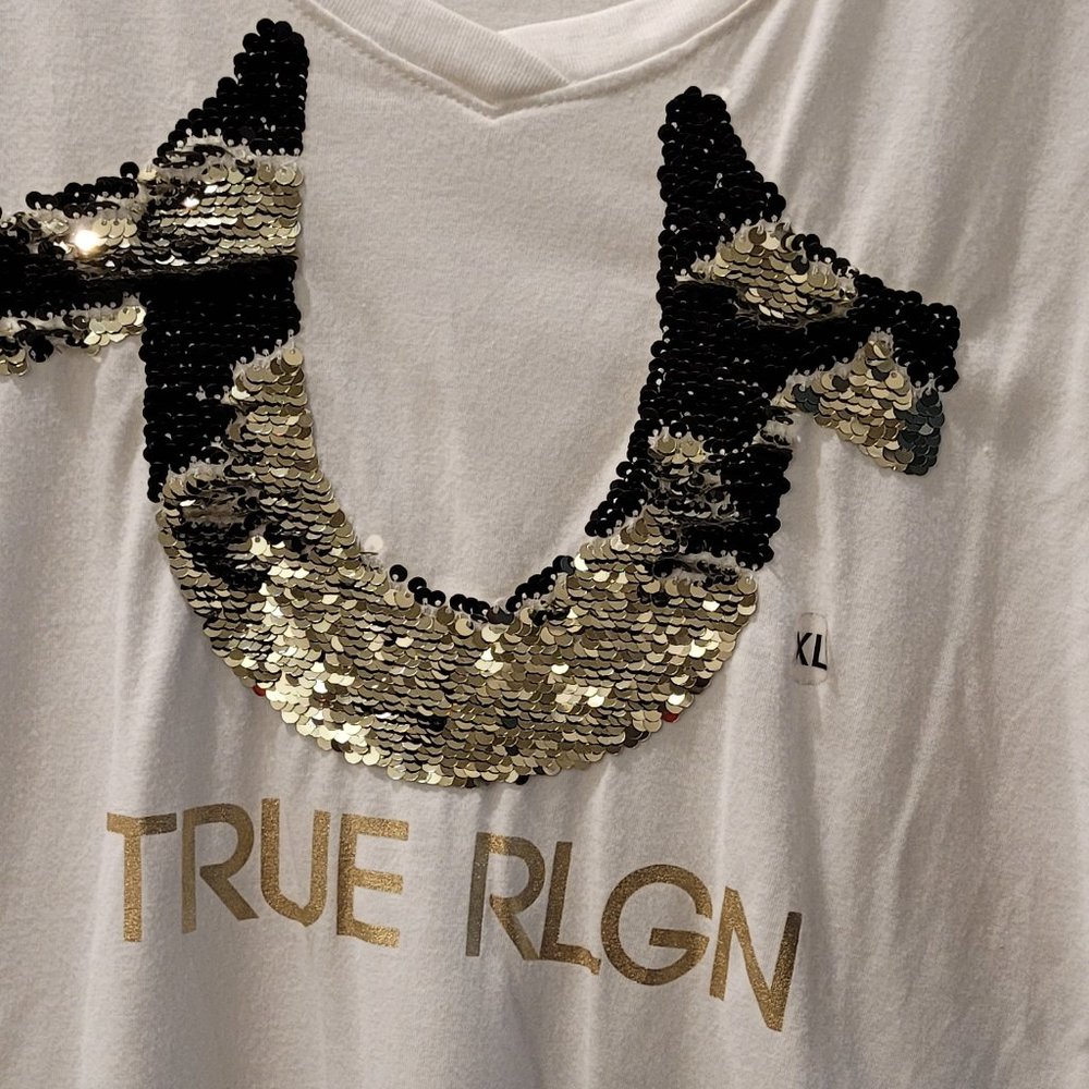 NWT True Religion Gold Sequin White Tee XL